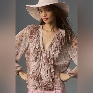 Anthropologie Snake Print Ruffled V Neck Long Sleeve Top Blouse Size S
